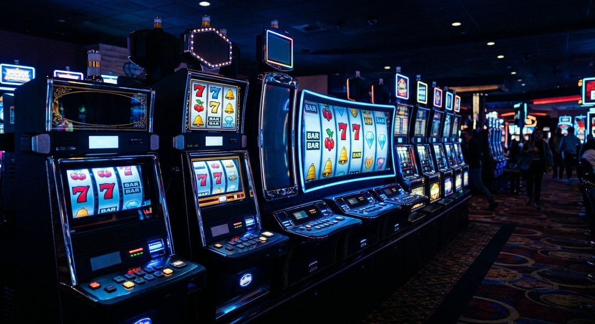 Deretan kabinet slot dengan ukuran layar berbeda menyala biru di ruangan gelap