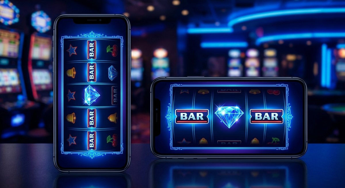 Ponsel dalam mode landscape dan portrait berdampingan menampilkan gulungan slot dengan simbol BAR dan berlian menyala biru neon