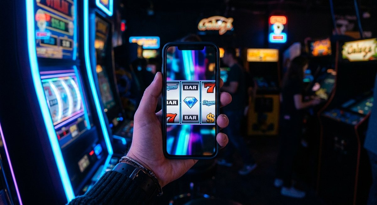 Tangan memegang ponsel dalam mode portrait dengan lampu neon biru kabinet slot memantul di layar