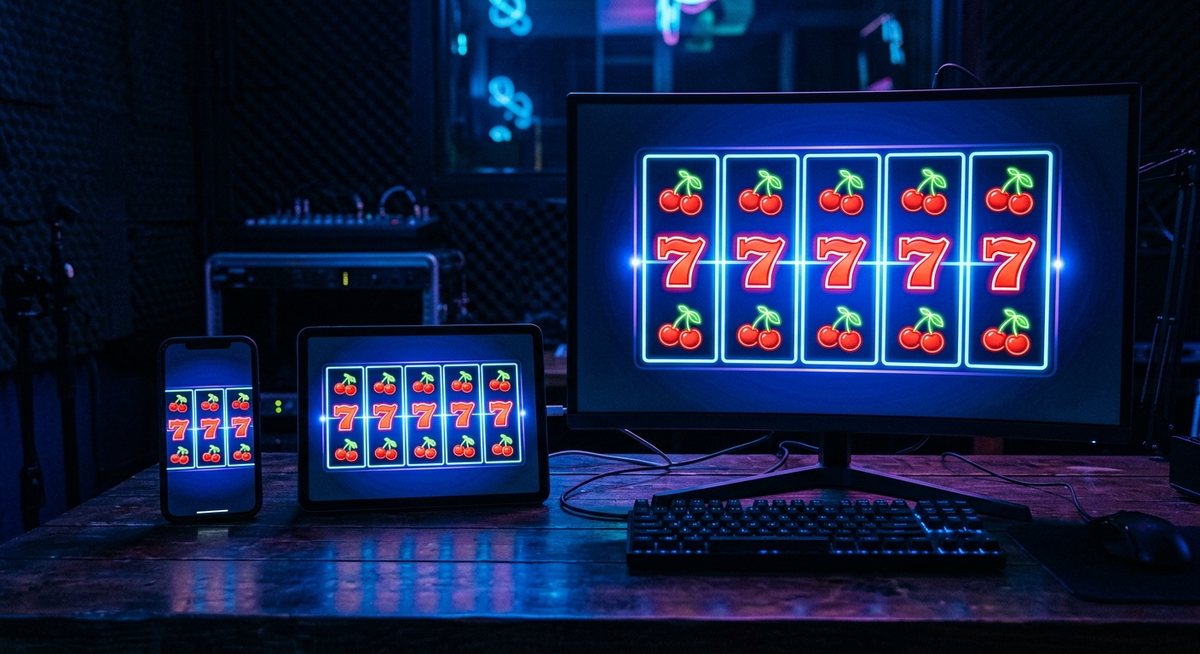 Ponsel tablet dan monitor desktop berjajar di atas meja gelap menampilkan gulungan slot dengan simbol ceri dan tujuh menyala biru