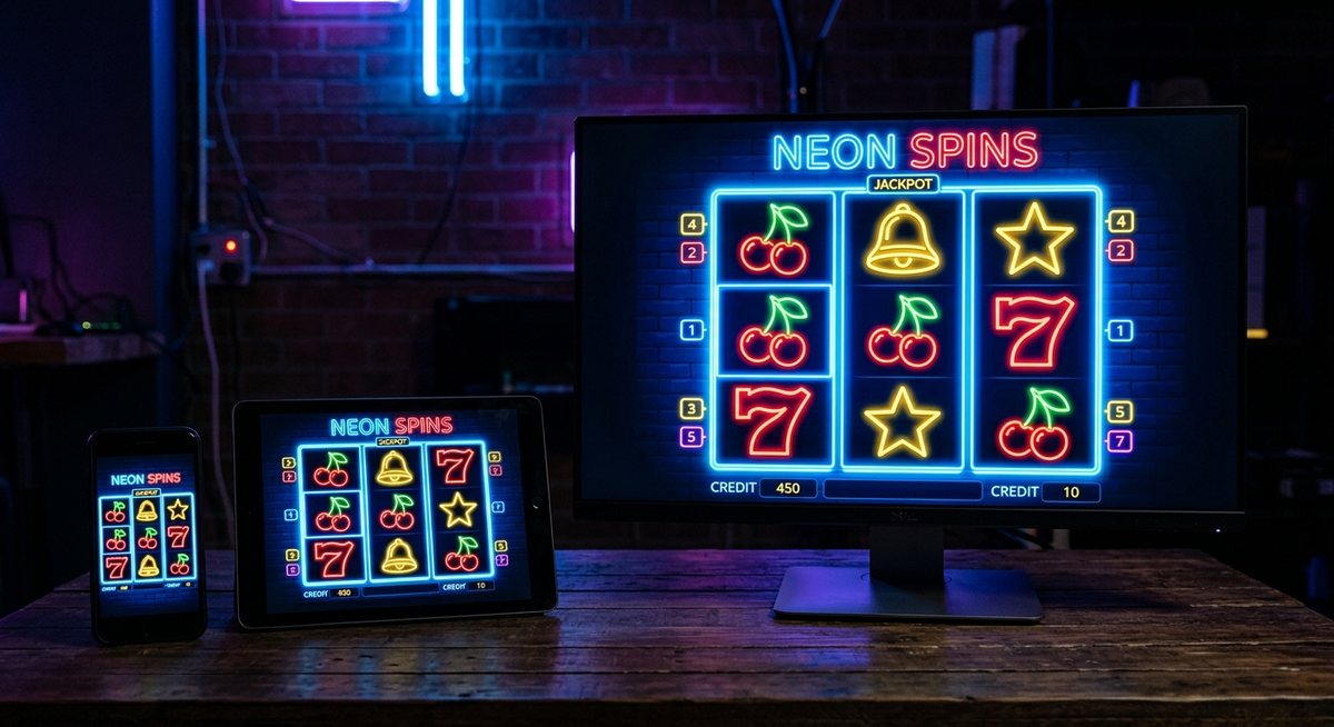 Kabinet slot ditampilkan pada tiga ukuran layar berbeda dari ponsel ke monitor dengan cahaya biru neon
